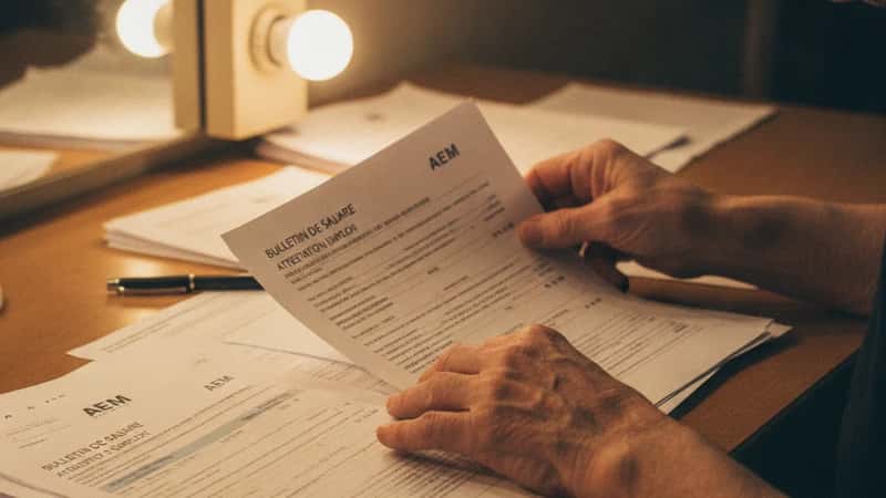 Mains d'une technicienne du spectacle triant des fiches de paie et des attestations AEM dans une loge de théâtre à Lyon