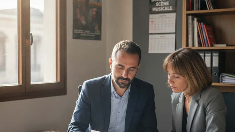 Artiste musicien français en consultation avec un conseiller France Travail dans un bureau de Bordeaux, documents sur les droits intermittents visibles sur la table