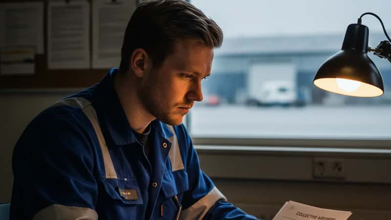 Groundhandler i Aarhus studerer arbejdstidsregler fra overenskomsten under sin pause
