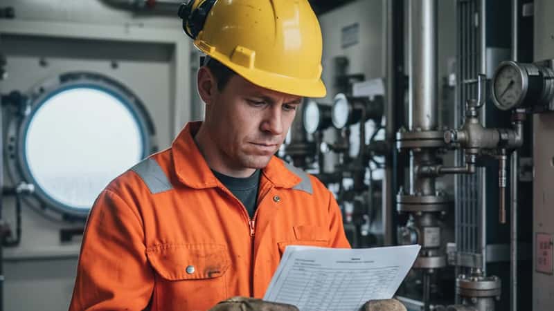 Elektriker på offshore-installasjon i Trondheim-regionen gjennomgår overtidslogg i oransje kjeledress