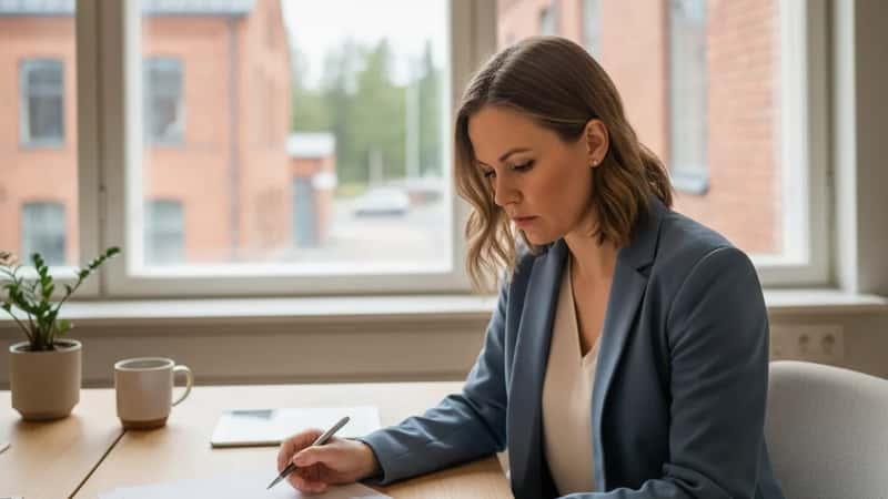 HR-ammattilainen tarkastelee työsopimusta ja työehtosopimuksen sopimusvihkoa valoisassa tamperelaistoimistossa