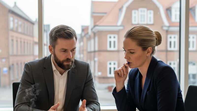 Norsk fagforeningsrepresentant og hotellleder diskuterer tariffavtalens vilkår i Stavanger