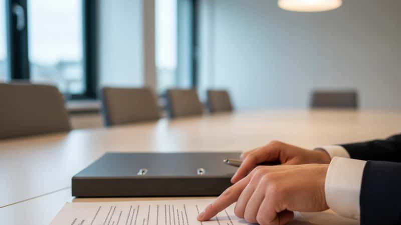 Fagperson peger på juridisk dokument vedrørende opsigelse under møde i dansk kontorlokale i Aalborg