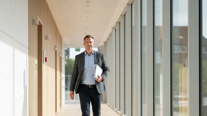 Dansk medarbejder går resolut igennem kontorkorridor i Odense med dokumenter under armen