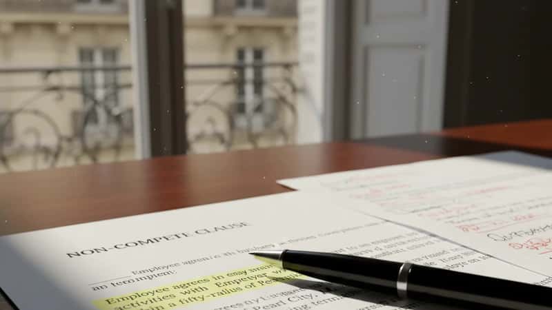 Non-compete agreement with highlighted clauses on a desk in a Hawaii office, pen pointing at a contract paragraph under careful legal review