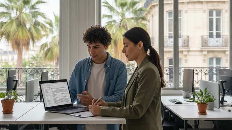 Software developer and HR manager discussing employment contract terms at a standing desk in a Honolulu tech office, palm trees visible through window