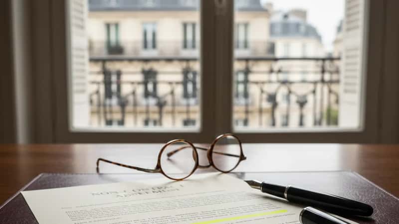 Non-compete agreement on a New York legal office desk, yellow highlighted passage, uncapped pen and reading glasses nearby