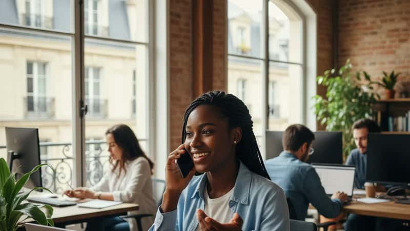 Black American woman software developer on the phone in a bright open-plan tech office in Buffalo New York, laptop open, relaxed and focused