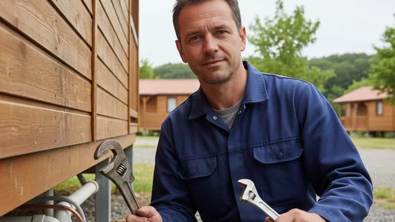 Agent de maintenance en tenue de travail inspectant une installation dans un camping français