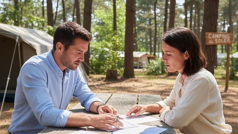 Deux salariés d'un camping examinant un contrat de travail à une table extérieure sous les pins