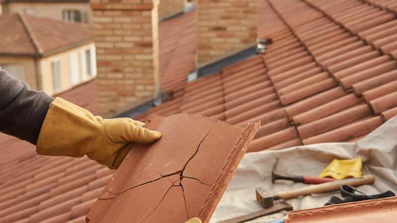 Couvreur en harnais de sécurité orange examinant des tuiles en terre cuite sur un toit traditionnel à Bordeaux, lumière automnale diffuse