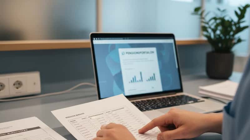 Kommunal bioanalytiker i Odense gennemgår forsikringsdokumentation ved et administrativt skrivebord med PKA-papirer og en åben laptop