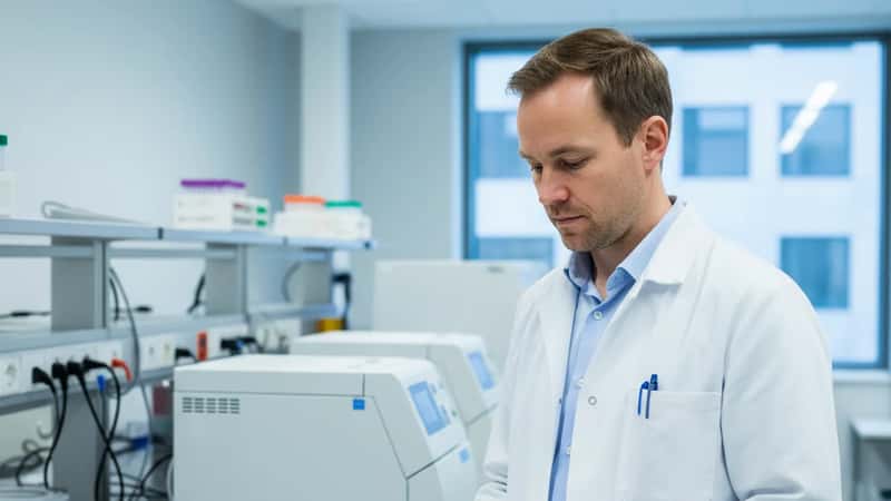 Dansk bioanalytiker i hvid kittel ved laboratorieudstyr i Aarhus universitetshospital, kigger på dokumenter på en clipboard med centrifuger synlige i baggrunden