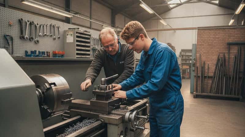 BBL-leerling in werkoverall leert metaalbewerking op een technisch MBO-leerbedrijf in Rotterdam
