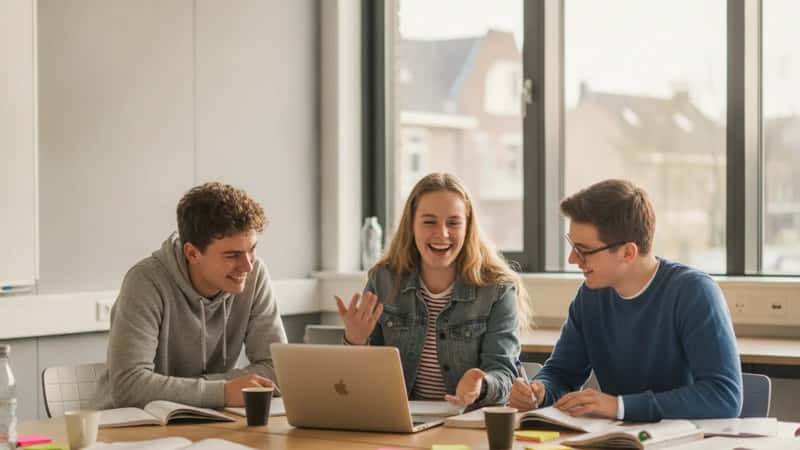 BOL-studenten in een modern klassikaal overleg in een Eindhovense MBO-school, laptop open en kleurrijke notities op tafel