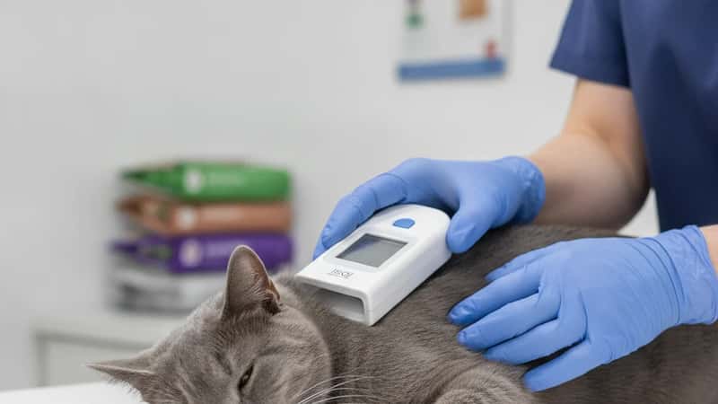 Veterinary professional scanning a cat's microchip with a handheld reader at a Leeds veterinary clinic