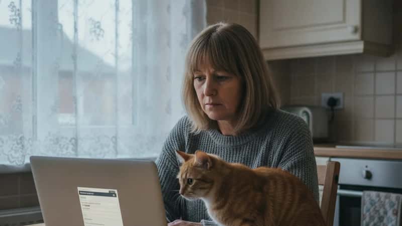 Cat owner in Manchester checking microchip database registration details on a laptop, with a ginger tabby cat sitting nearby on the kitchen table