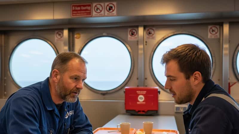 Fagforeningsrepresentant forklarer Oljeserviceavtalens lønnstabeller til oljeservicearbeider i offshore-kantine i Stavanger