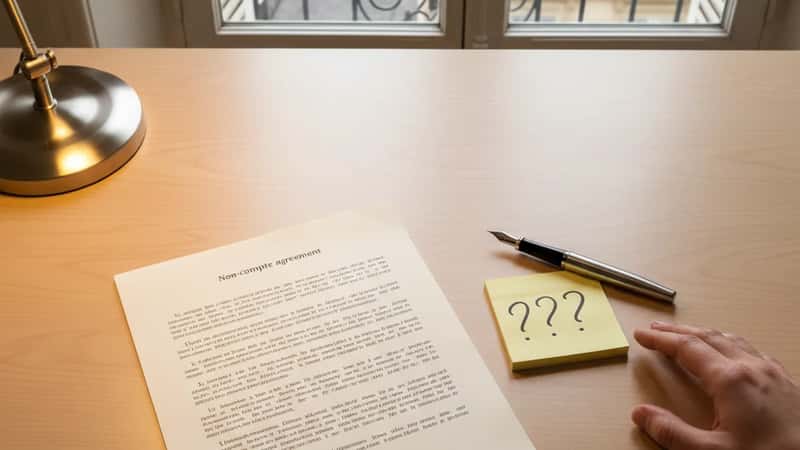 Non-compete agreement document on Chicago office desk with pen and question marks sticky note