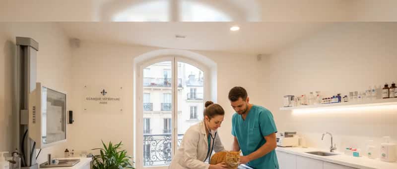 Veterinário a examinar um gato numa mesa de consulta com estetoscópio e equipamento clínico