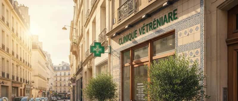 Fachada de uma clínica veterinária portuguesa com cruz verde e porta de vidro numa rua urbana tranquila