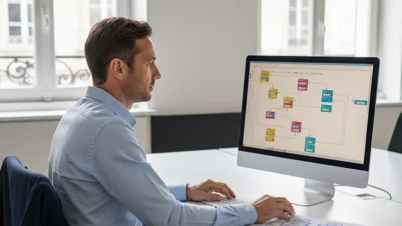 Commercial français configurant un workflow d'automatisation IA pour la gestion de leads dans son bureau à Nantes