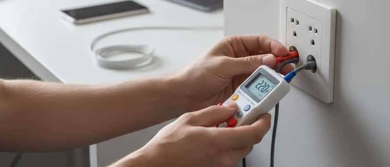 Técnico de eletrônica examinando placa de circuito com multímetro em bancada de reparo