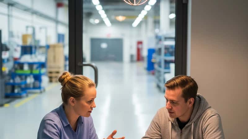 HR-päällikkö ja luottamusmies neuvottelevat TES-ehtoja Kokkolan teollisuusalueella