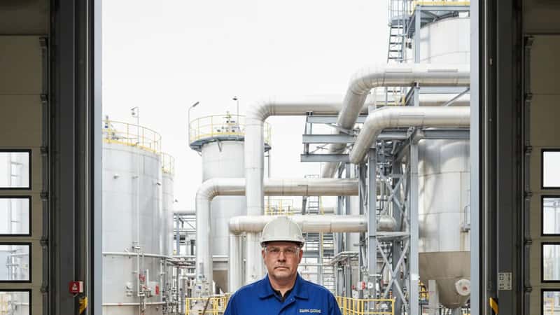Kemian perusteollisuuden prosessinhoitaja tarkistaa leikepöytää Kokkolan kemiantehtaan lastausalueella