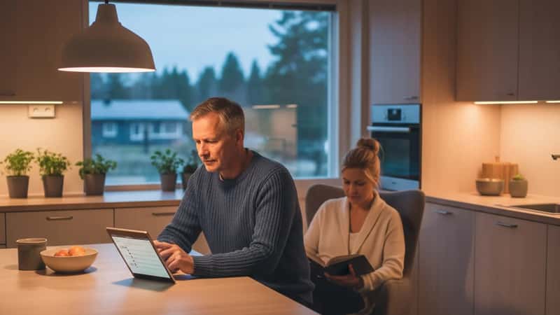 Suomalainen mies tarkistaa eläketilinsä tietoja tabletilta espolaisessa kotikeittiössä