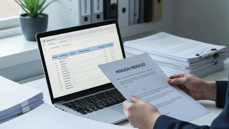 HR-chef i Odense gennemgår pensionsbidragsdokumenter ved siden af en laptop med pensionsportal