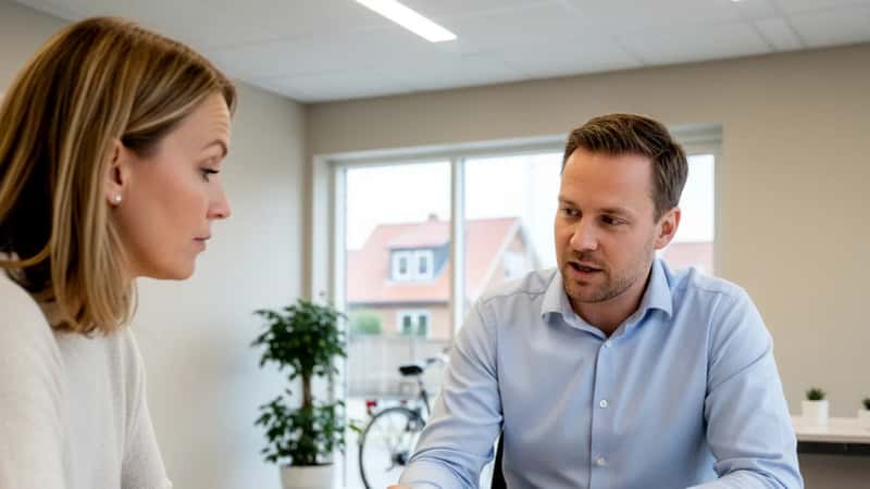 HK-tillidsrepræsentant i Roskilde forklarer forsikringsdækning til kollega ved mødebord