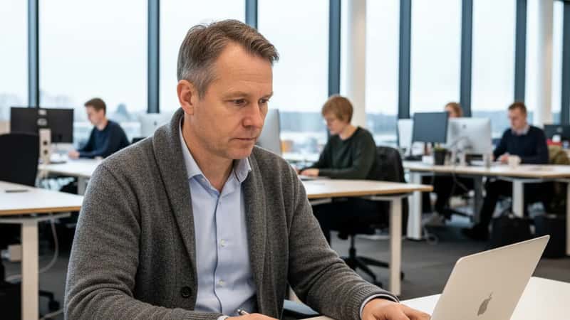 HR-direktør gjennomgår lønnsavtale på en mellomstor norsk kommunes kontor i Trondheim