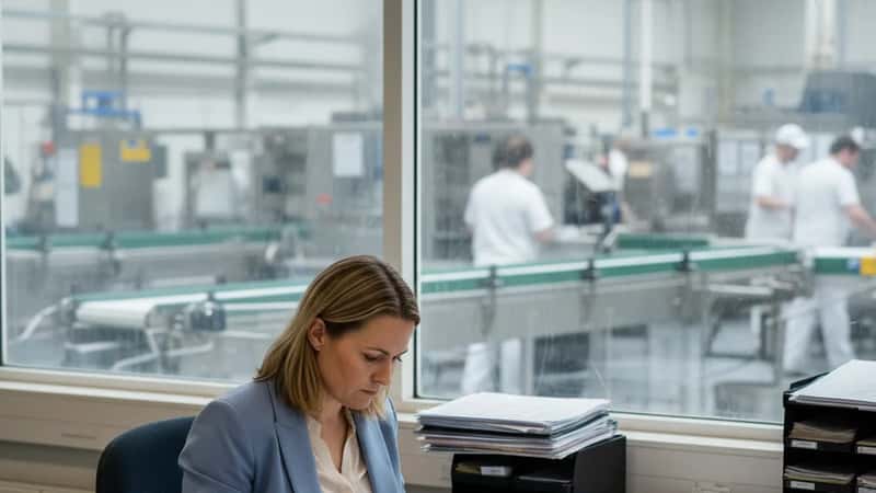 HR-medarbejder gennemgår lønbilag ved fabrikskontor i Aarhus