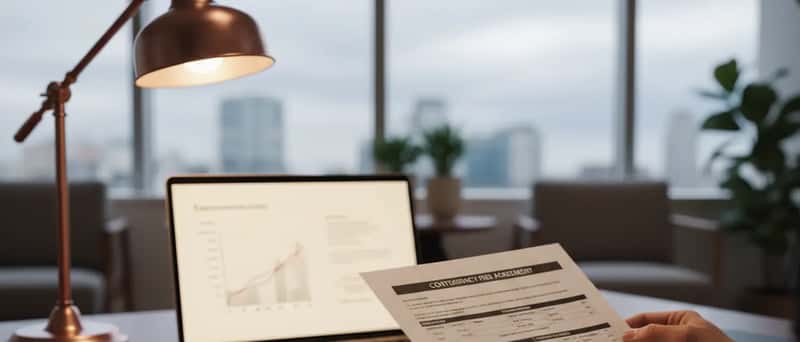 Personal injury lawyer reviewing a contingency fee agreement at a walnut desk with legal documents and laptop
