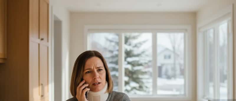 Canadian woman in a cervical collar making a phone call from her kitchen, notepad open, taking the first step toward a personal injury claim