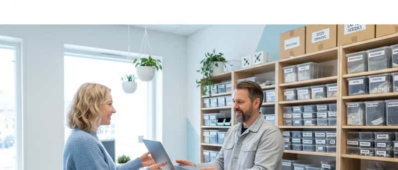 Suomalainen asiakas vastaanottaa korjatun kannettavan tietokoneen elektroniikkakorjaamon tiskiltä