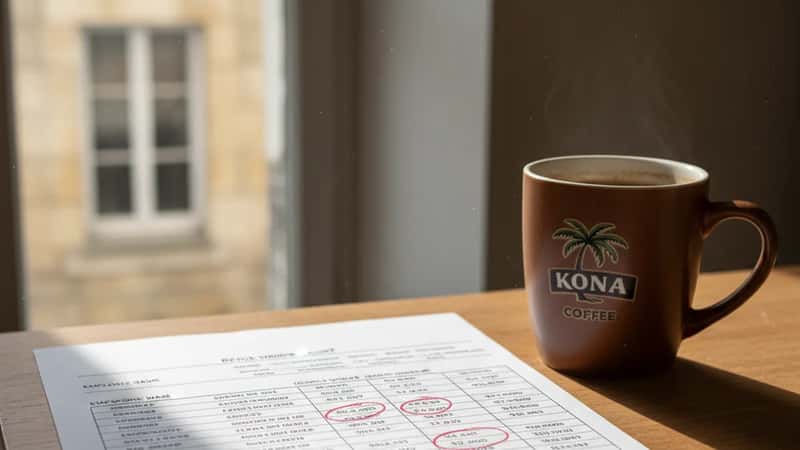 Printed restaurant wage audit spreadsheet on a Oahu office desk with employee wages circled in red during a Hawaii minimum wage compliance review