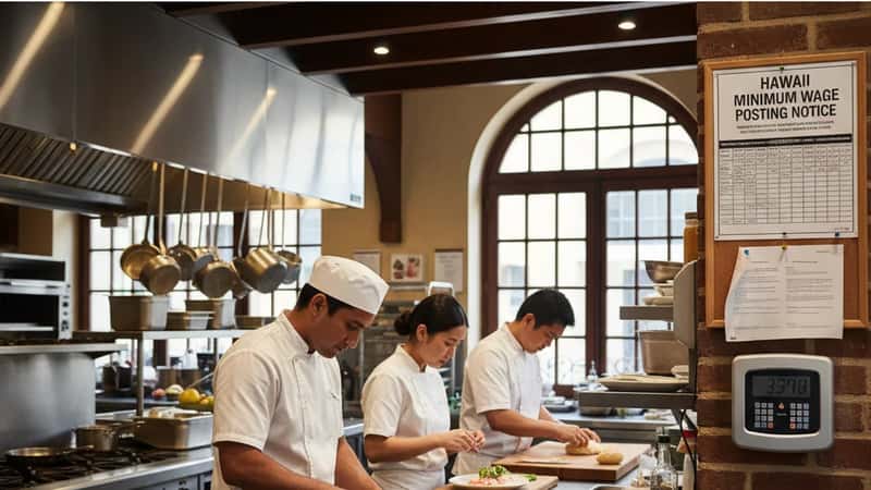 Kitchen workers in a Waikiki restaurant during afternoon prep, Hawaii minimum wage posting notice visible on staff bulletin board near the time clock