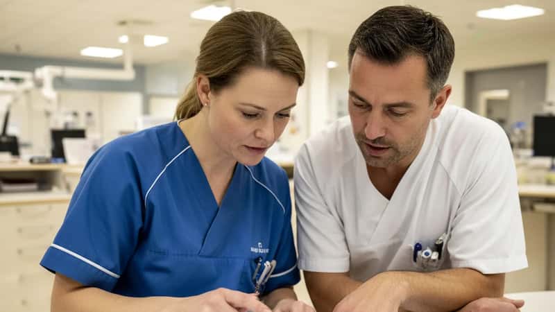To danske sundhedsprofessionelle i hospitalsskrubs drøfter vagtstatus på en tablet ved et sygeplejerskeskrivebord på Odense Universitetshospital