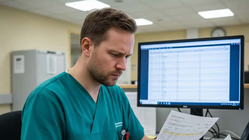 Dansk mandlig sundhedsprofessionel i grønne skrubs gennemgår overarbejdsdokumentation ved et arbejdsbord på Aalborg Universitetshospital
