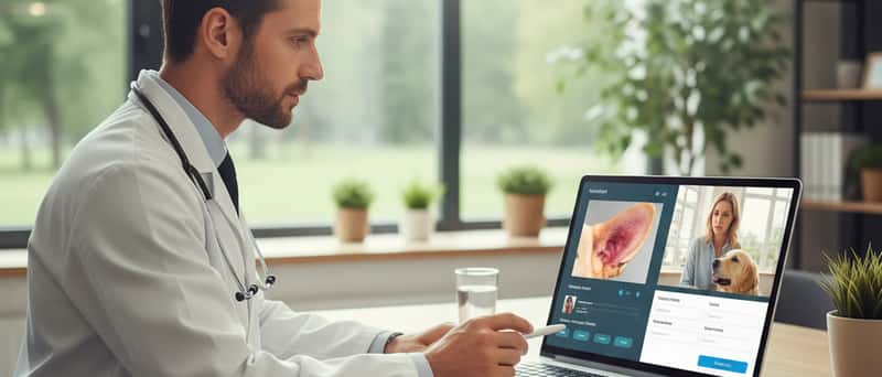 Veterinär på en skärm som undersöker ett närbild-foto av en hunds öra under ett digitalt djurvårdssamtal