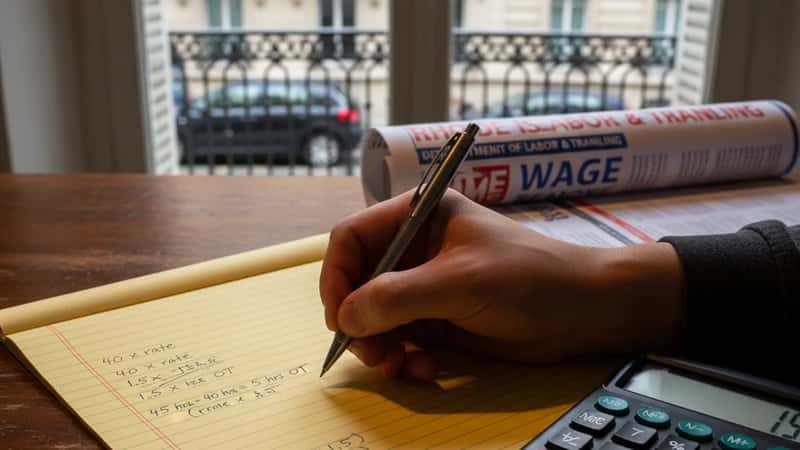Hand calculating Rhode Island overtime pay at 1.5x rate on a legal pad with calculator and RI wage poster visible on a wooden desk