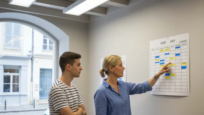 Butikschef och anställd diskuterar semesterschema i personalrum i Malmö