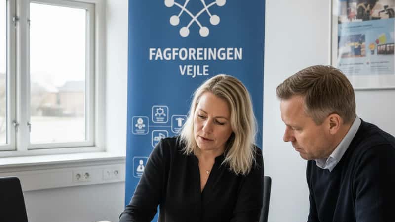 Fagforeningsrådgiver og funktionær gennemgår overenskomstdokumenter i Vejle