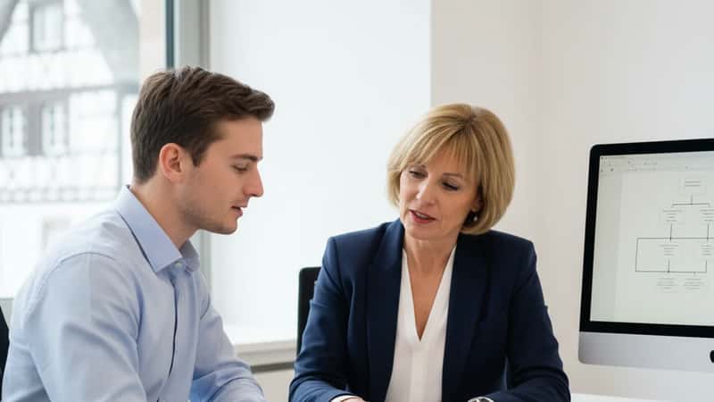 Conseillère emploi expliquant les options d'indemnisation chômage à un client dans un bureau moderne à Strasbourg