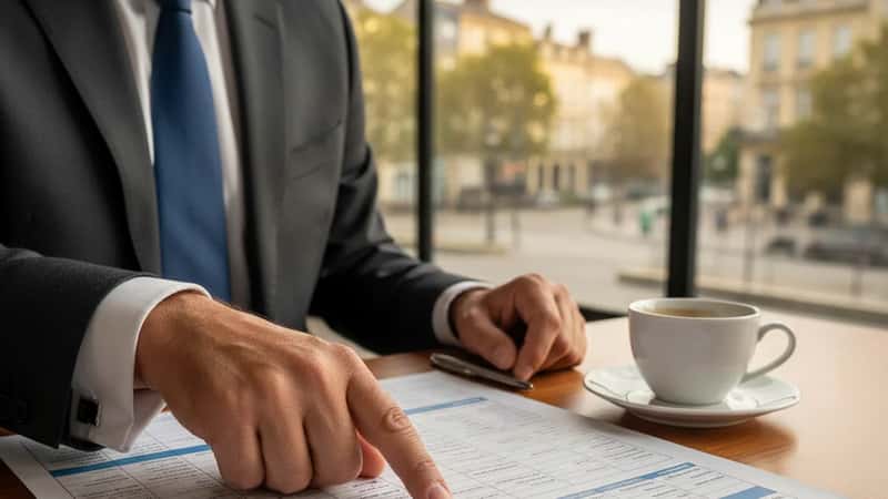 Professionnelle française en costume bleu marine examinant des documents de conformité réglementaire sur une grande table de réunion dans un bureau moderne à Lyon