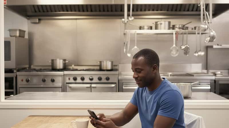 A Black male worker taking a legally required meal break at a restaurant kitchen break room table, reviewing his phone with a cup of coffee and kitchen equipment in the background
