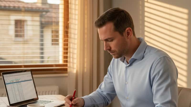 A man in business casual attire carefully reviewing a non-compete employment contract at a home office desk in a Texas suburb, with a red pen in hand and warm window light