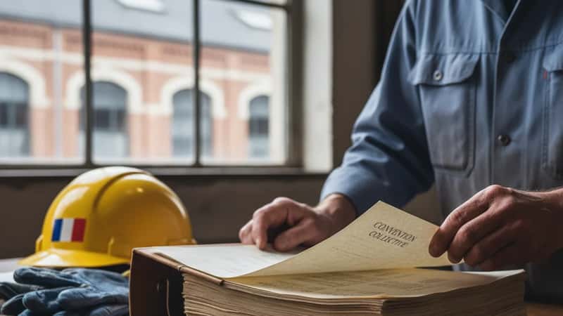 Salarié de l'industrie chimique consultant un document de convention collective avec son responsable RH dans un bureau adjacent à une usine à Lyon